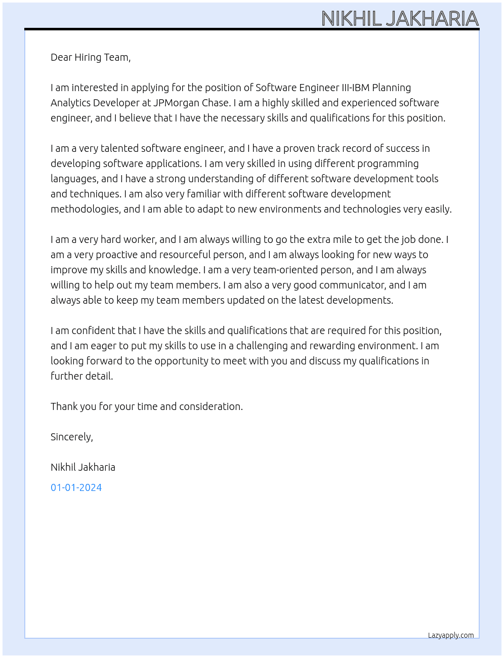 Software Engineer III-IBM Planning Analytics Developer At JPMorgan Chase Cover Letter