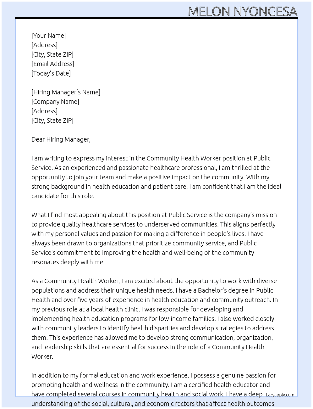 Community health worker At Public service Cover Letter