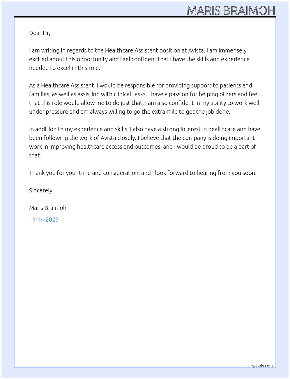 Healthcare Assistant  At Avista Cover Letter