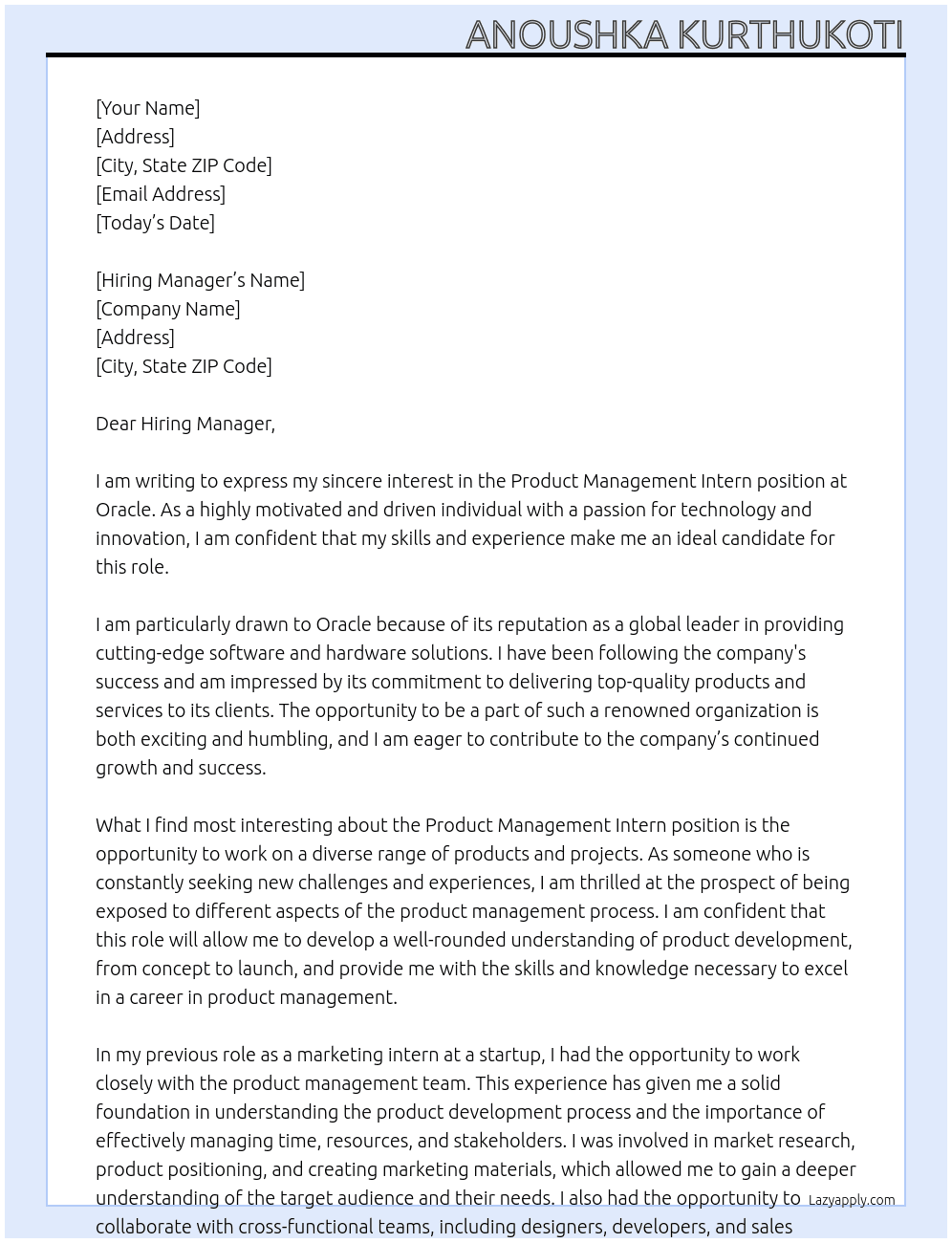 product management intern At Oracle  Cover Letter