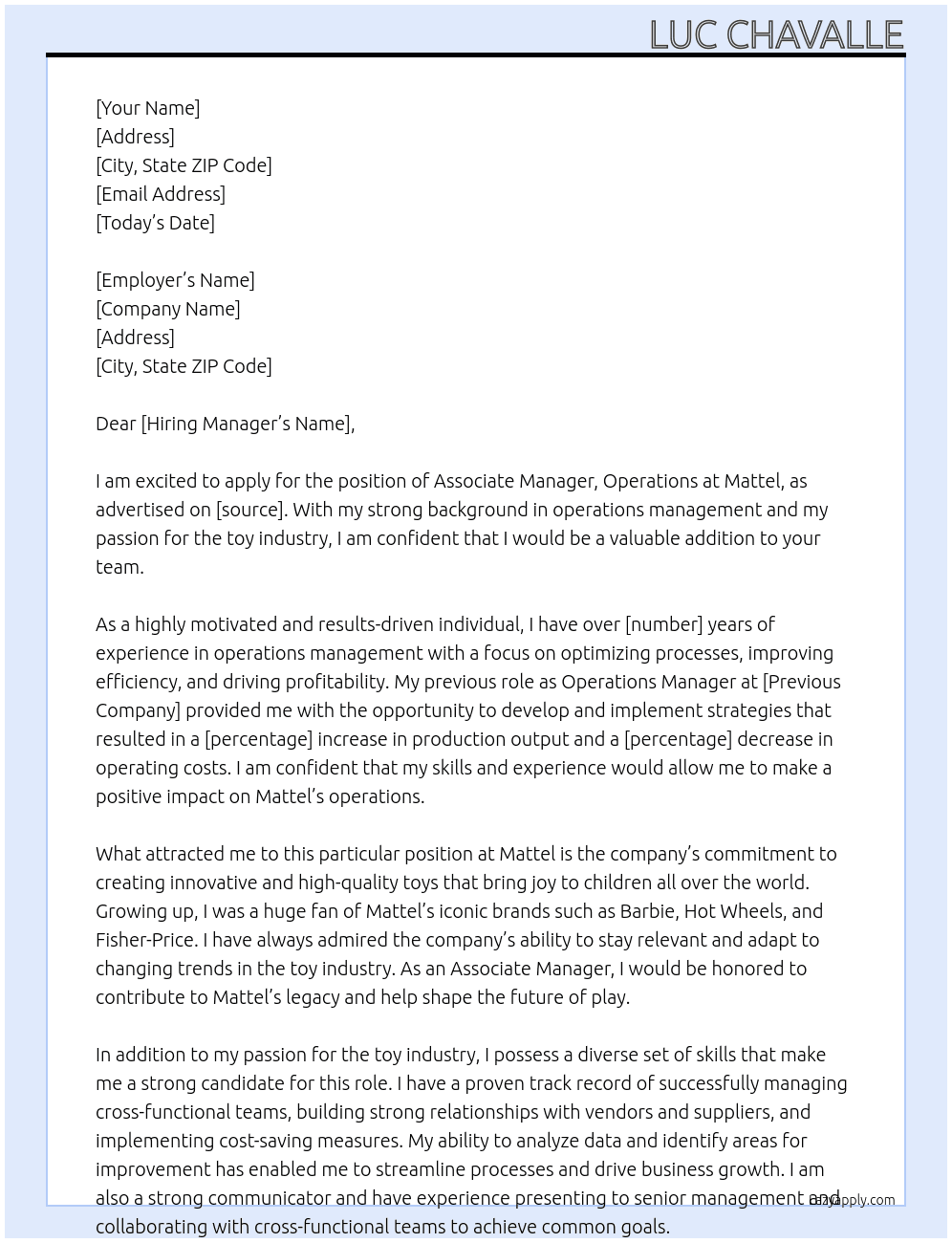 Cover letter for associate manager - operations - LazyApply
