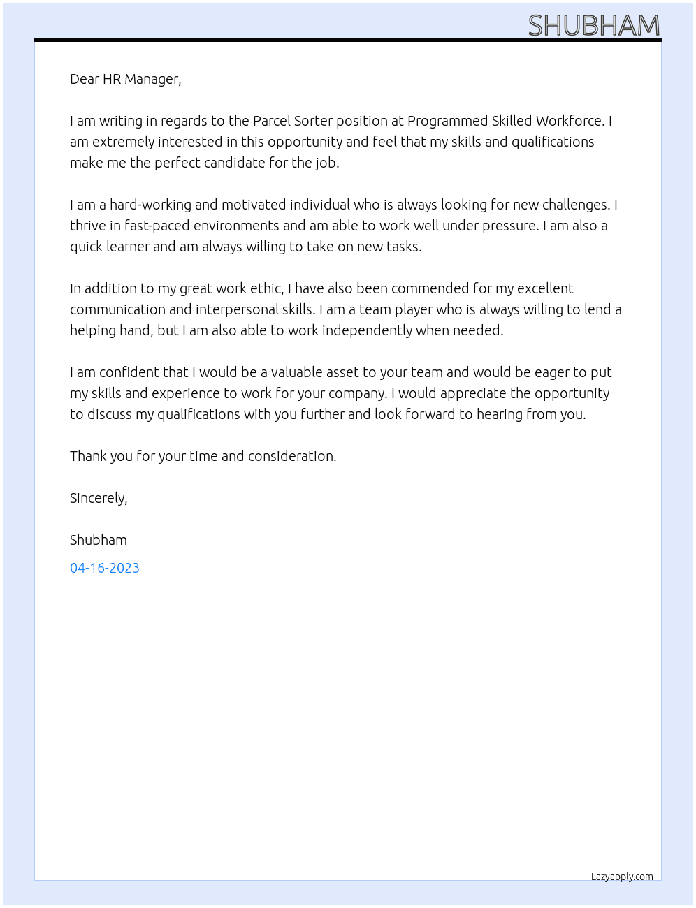 Parcel sorter At Programmed Skilled Workforce Cover Letter
