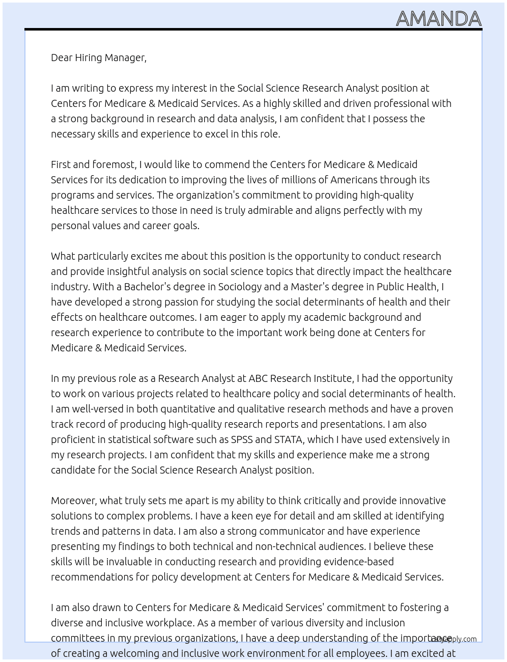 Social Science Research Analyst At Centers for Medicare & Medicaid Services Cover Letter