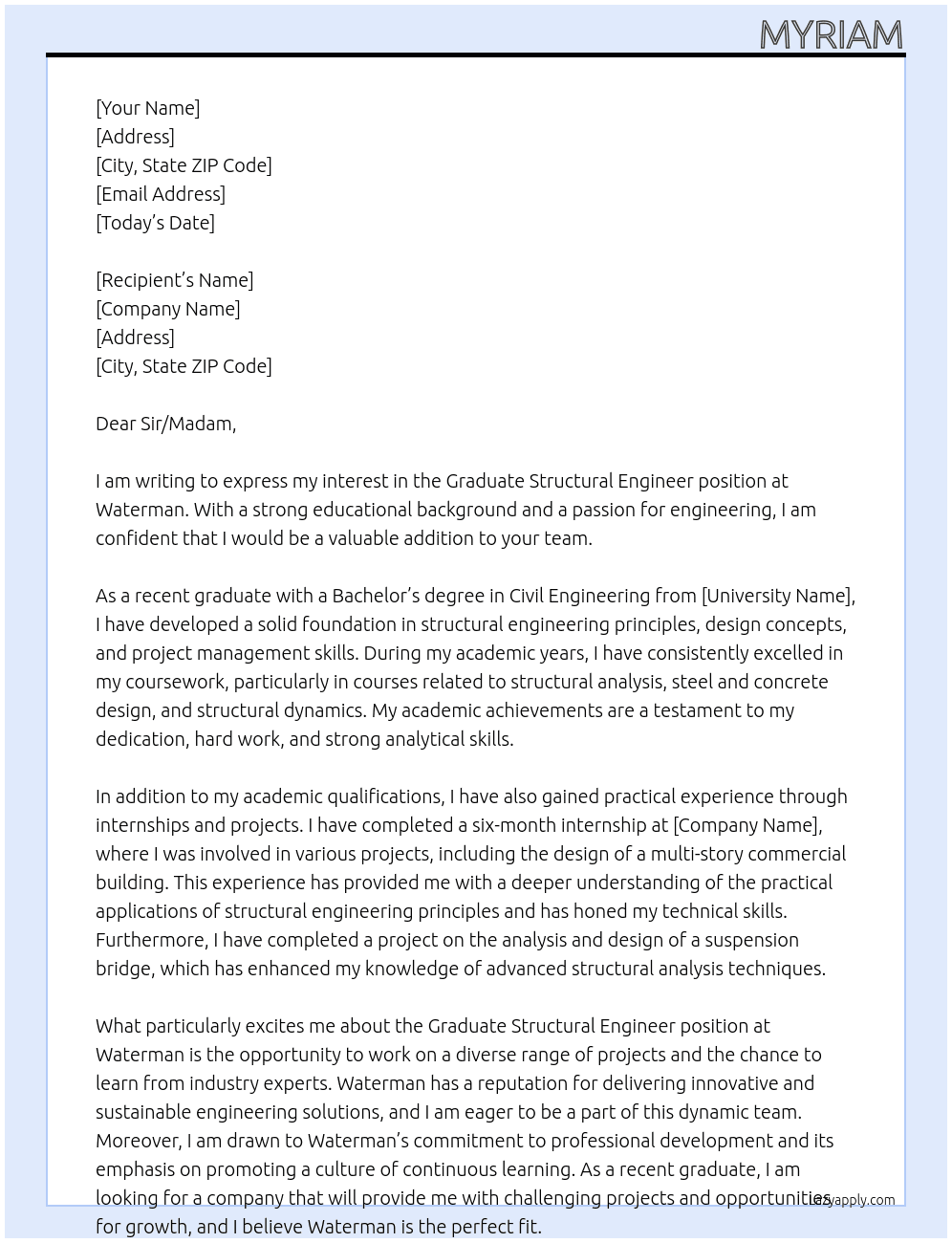 Graduate Structural Engineer At Waterman Cover Letter