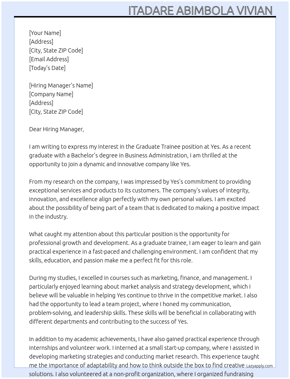 Graduate trainee At Yes Cover Letter