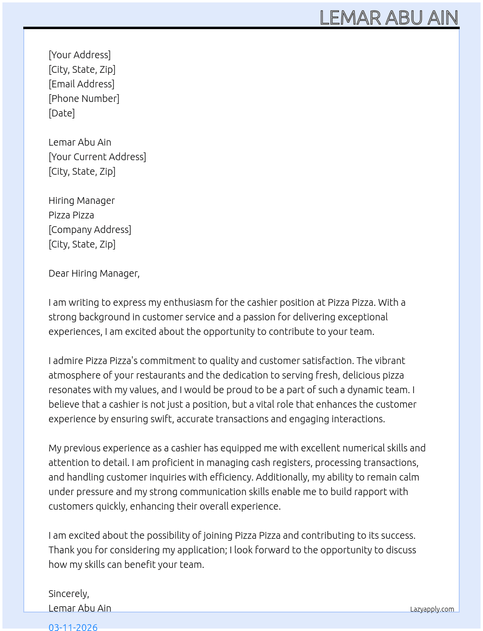 cashier At pizza pizza Cover Letter