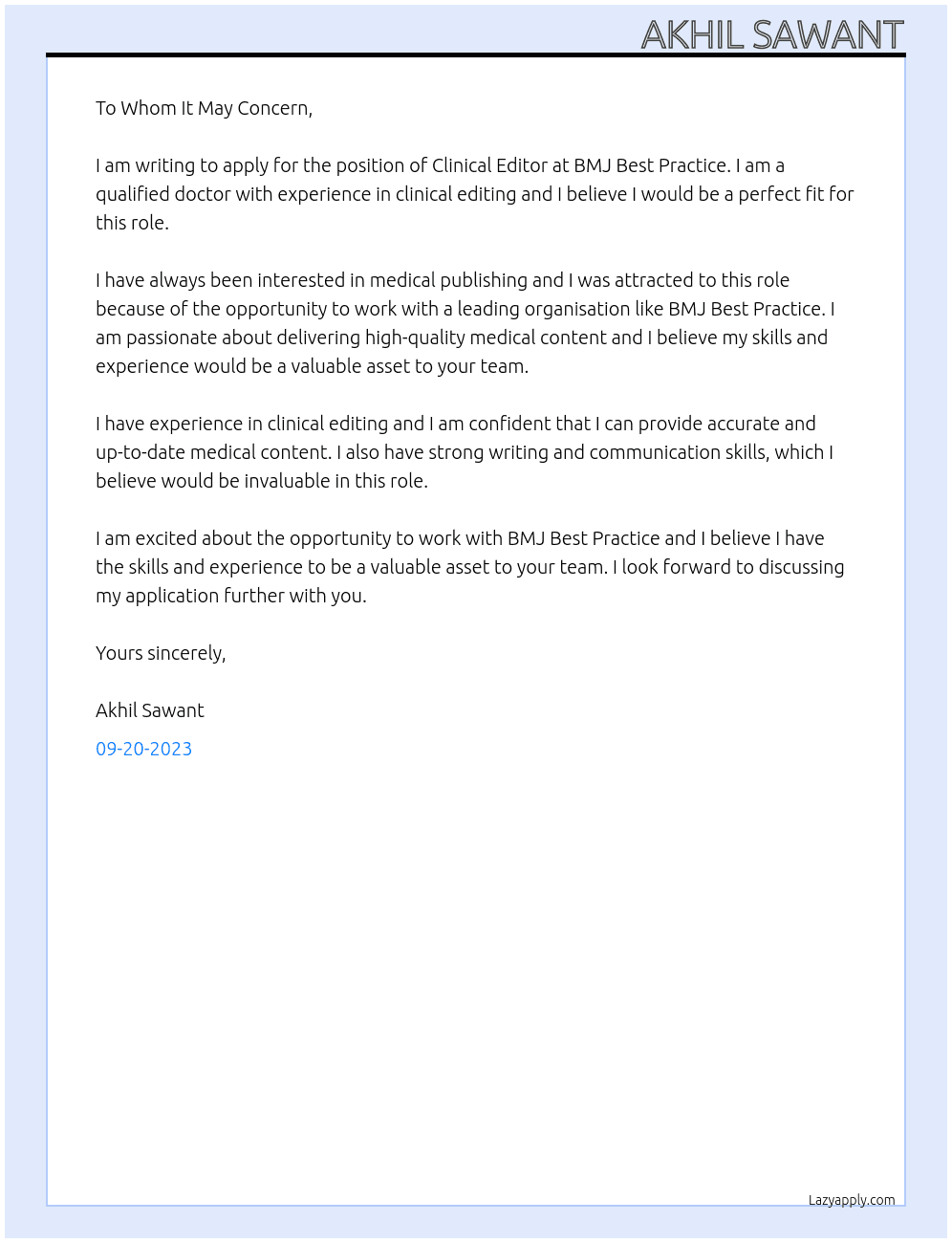 Clinical Editor At BMJ Best Practice Cover Letter