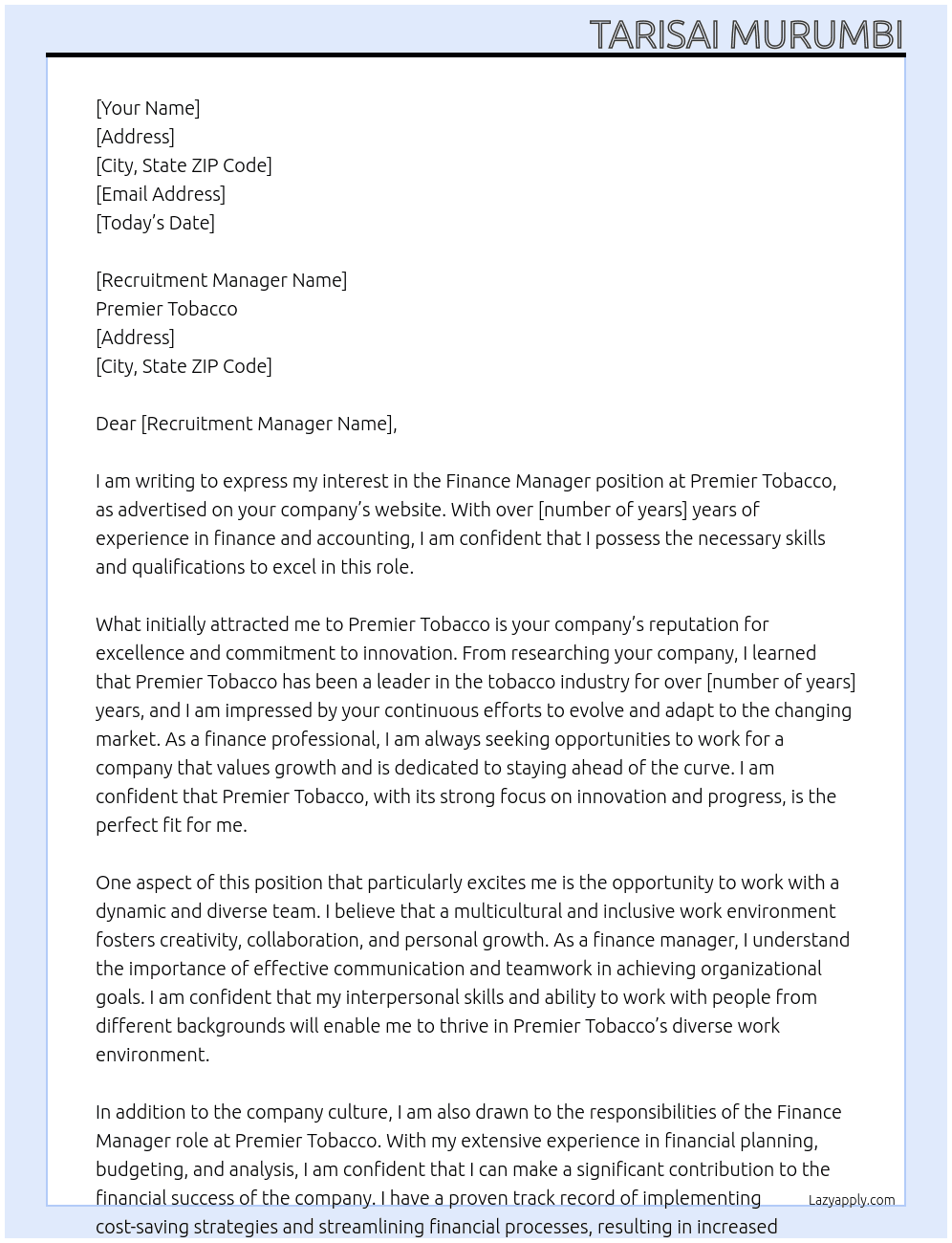 Finance Manager At Premier Tobacco Cover Letter
