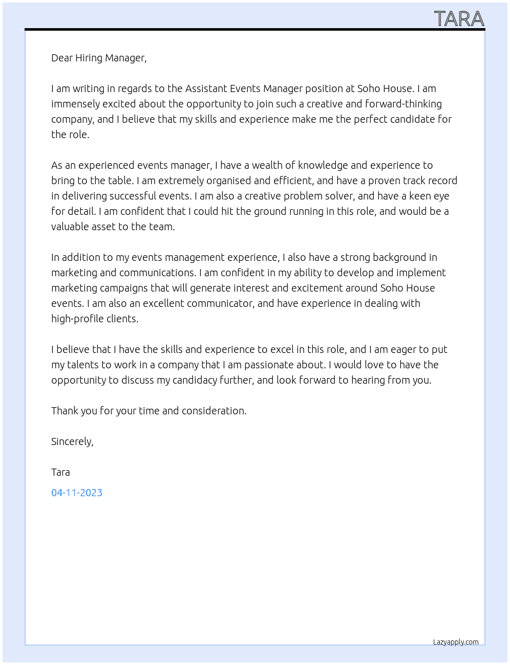 Assistant Events Manager - At Soho House  Cover Letter