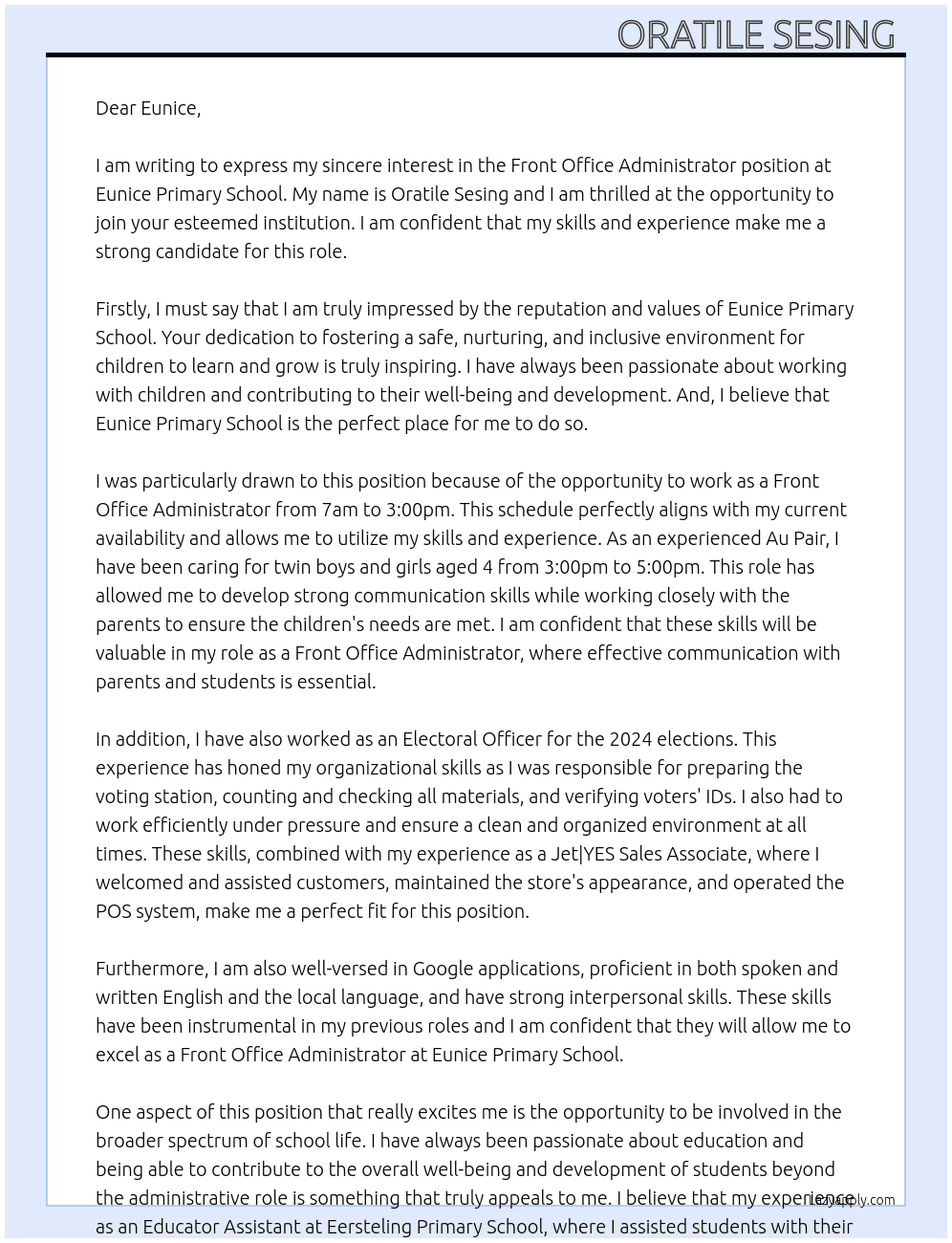 Font office administrator At Eunice Primary School  Cover Letter