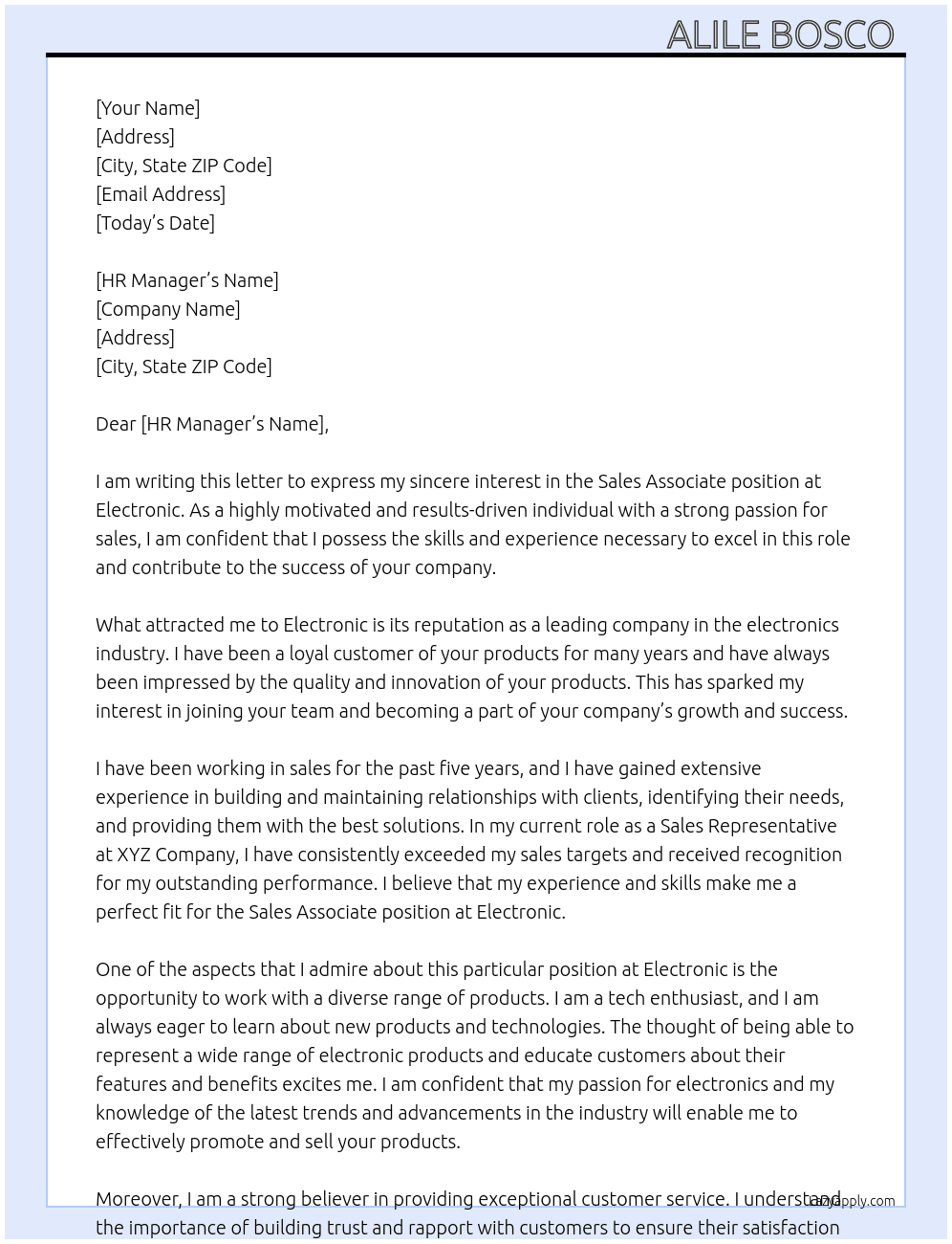 Sales associate  At Electronic  Cover Letter