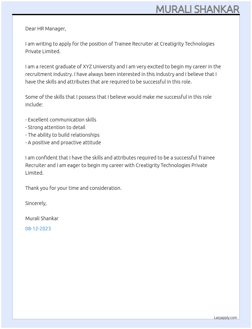 Trainee Recruiter (Fresher) At CREATIGRITY TECHNOLOGIES PRIVATE LIMITED Cover Letter