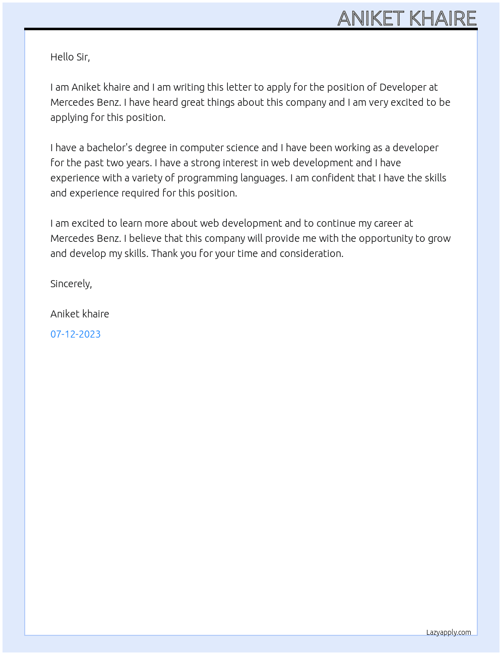 Developer At Mercedes Benz  Cover Letter