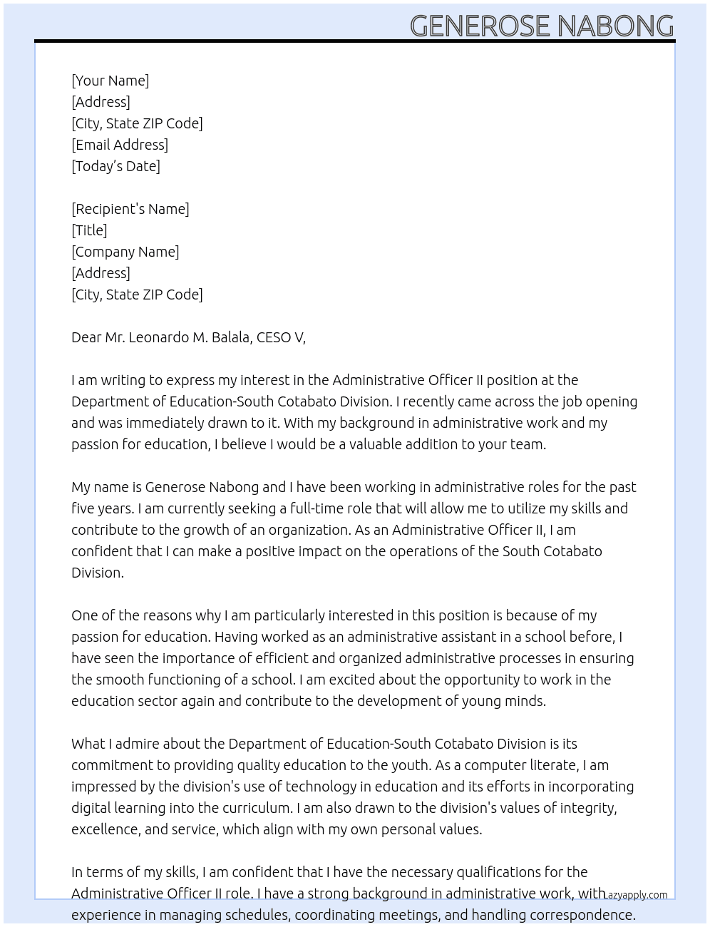 Administrative Officer II At DEPARTMENT OF EDUCATION-SOUTH COTABATO DIVISION Cover Letter