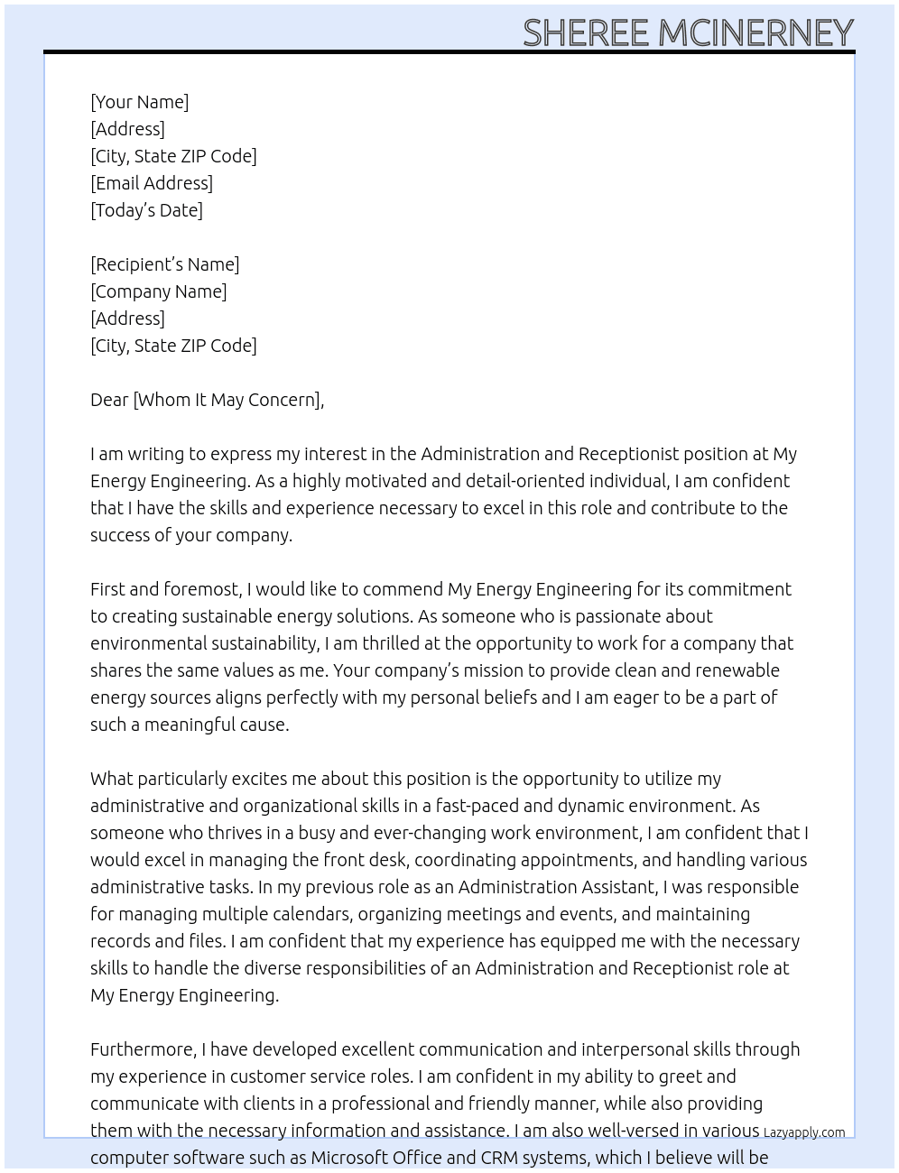 Administration and Receptionist At My Energy Engineering Cover Letter