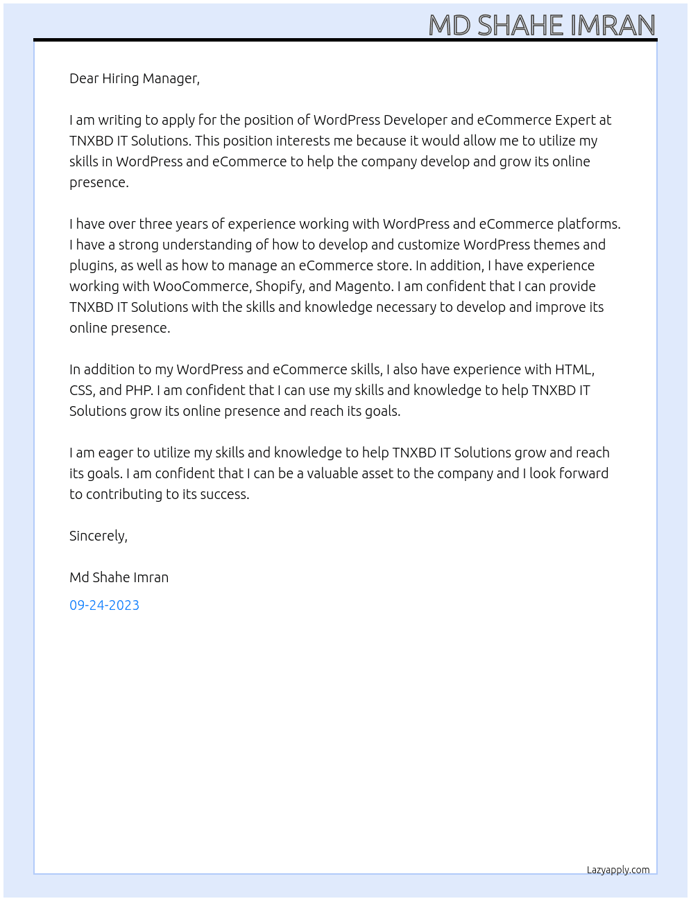WordPress Developer and eCommerce Expert At TNXBD IT SOLUTION Cover Letter