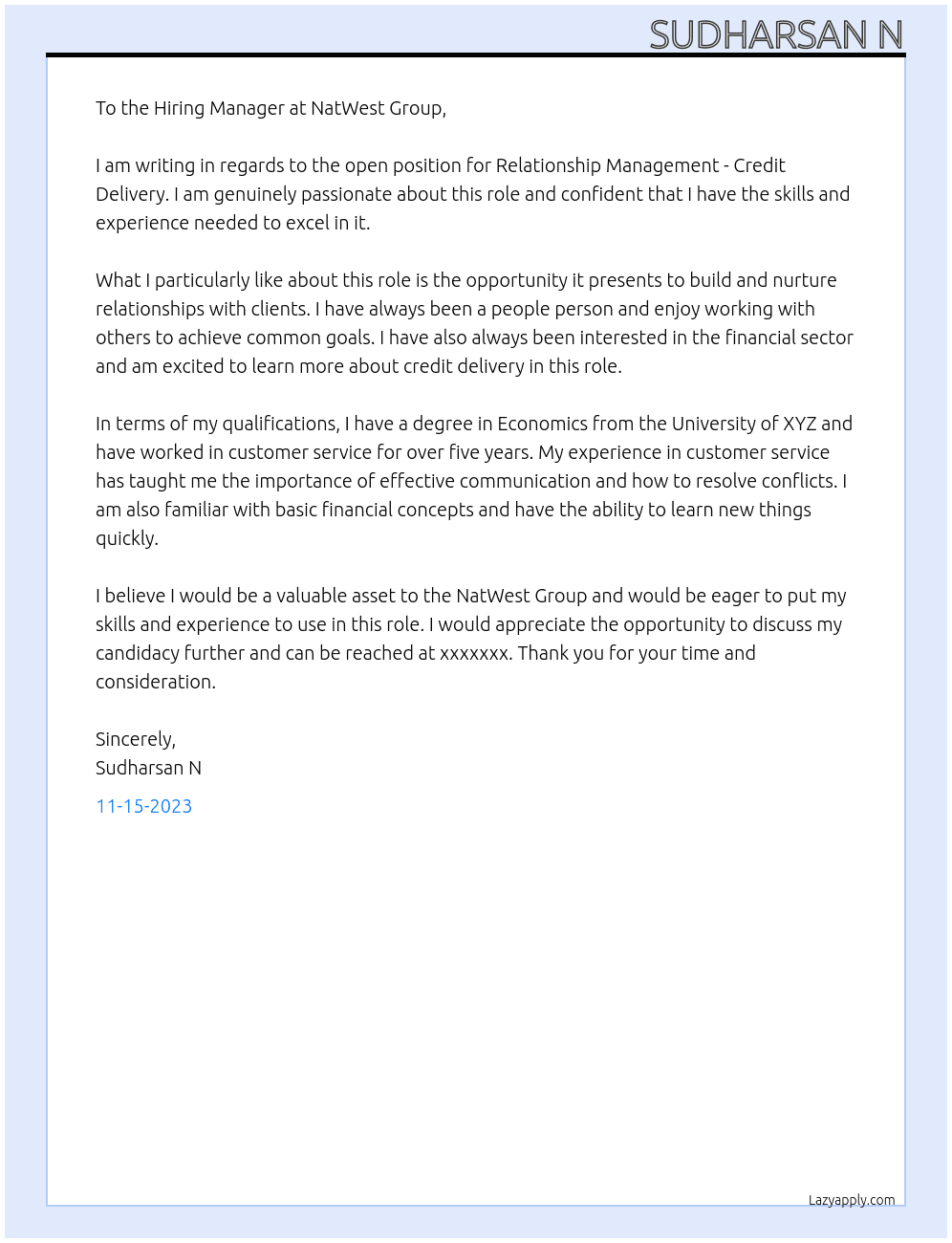 Relationship Management - Credit Delivery  At NatWest Group  Cover Letter