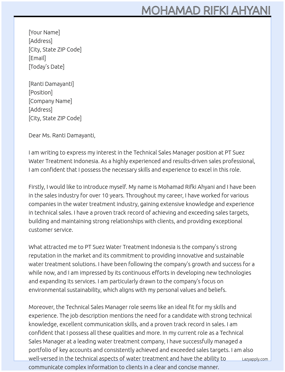Technical Sales Manager At PT Suez Water Trratment Indonesia Cover Letter