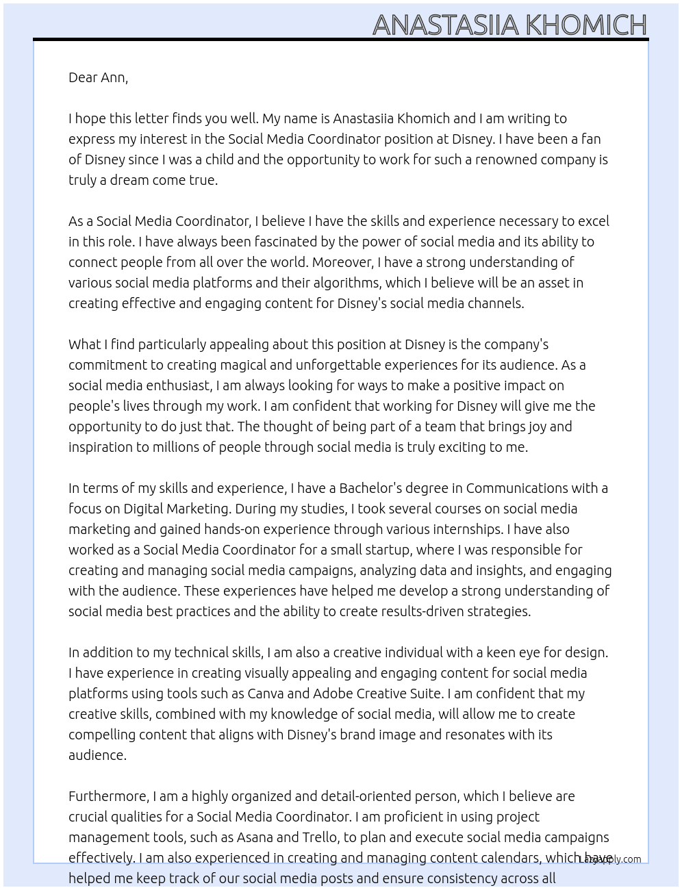 Social Media Coordinator  At Disney Cover Letter
