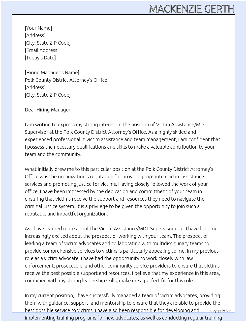 Victim Assistance/MDT Supervisor At Polk County District Attorney's Office Cover Letter