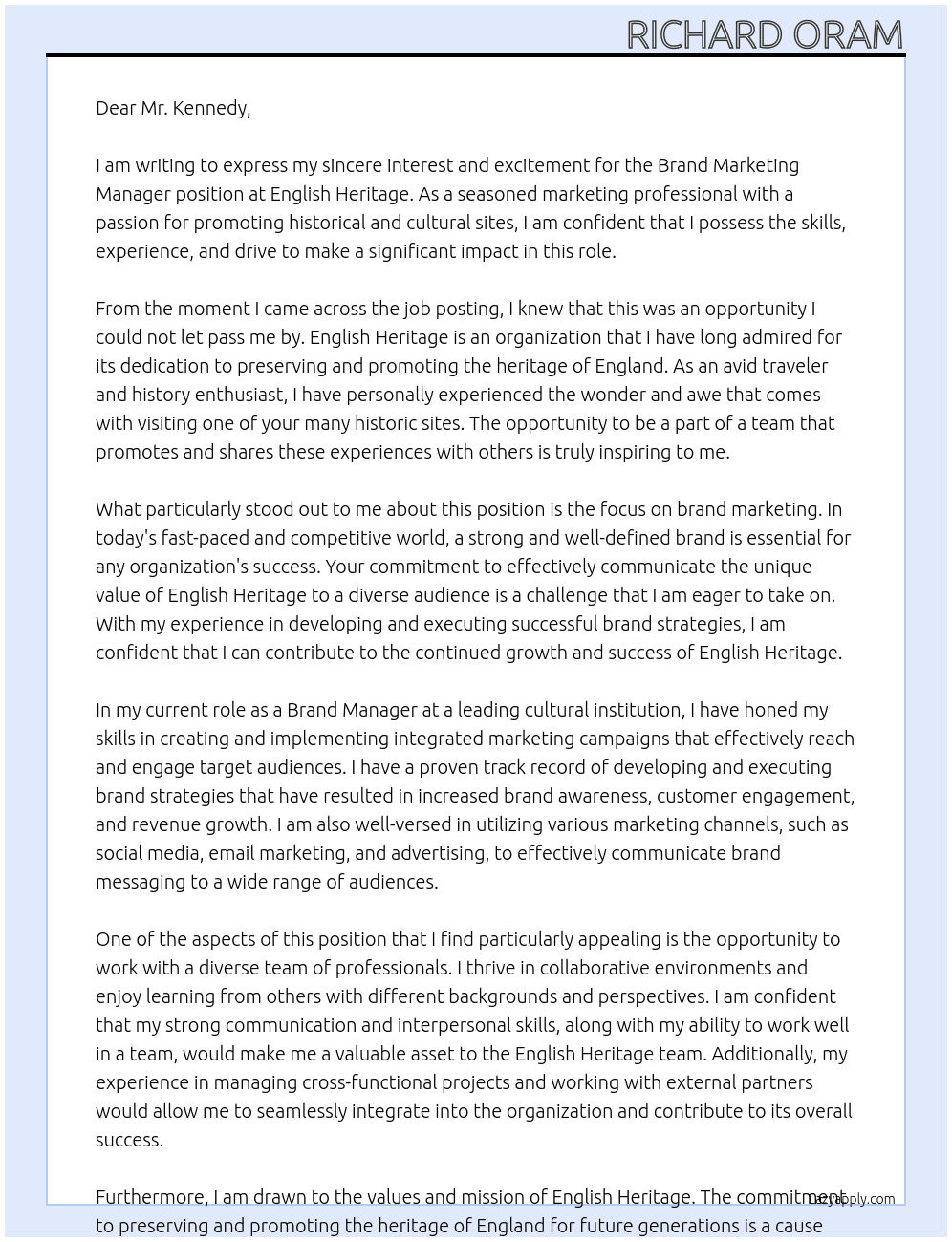 Brand Marketing Manager At English Heritage Cover Letter