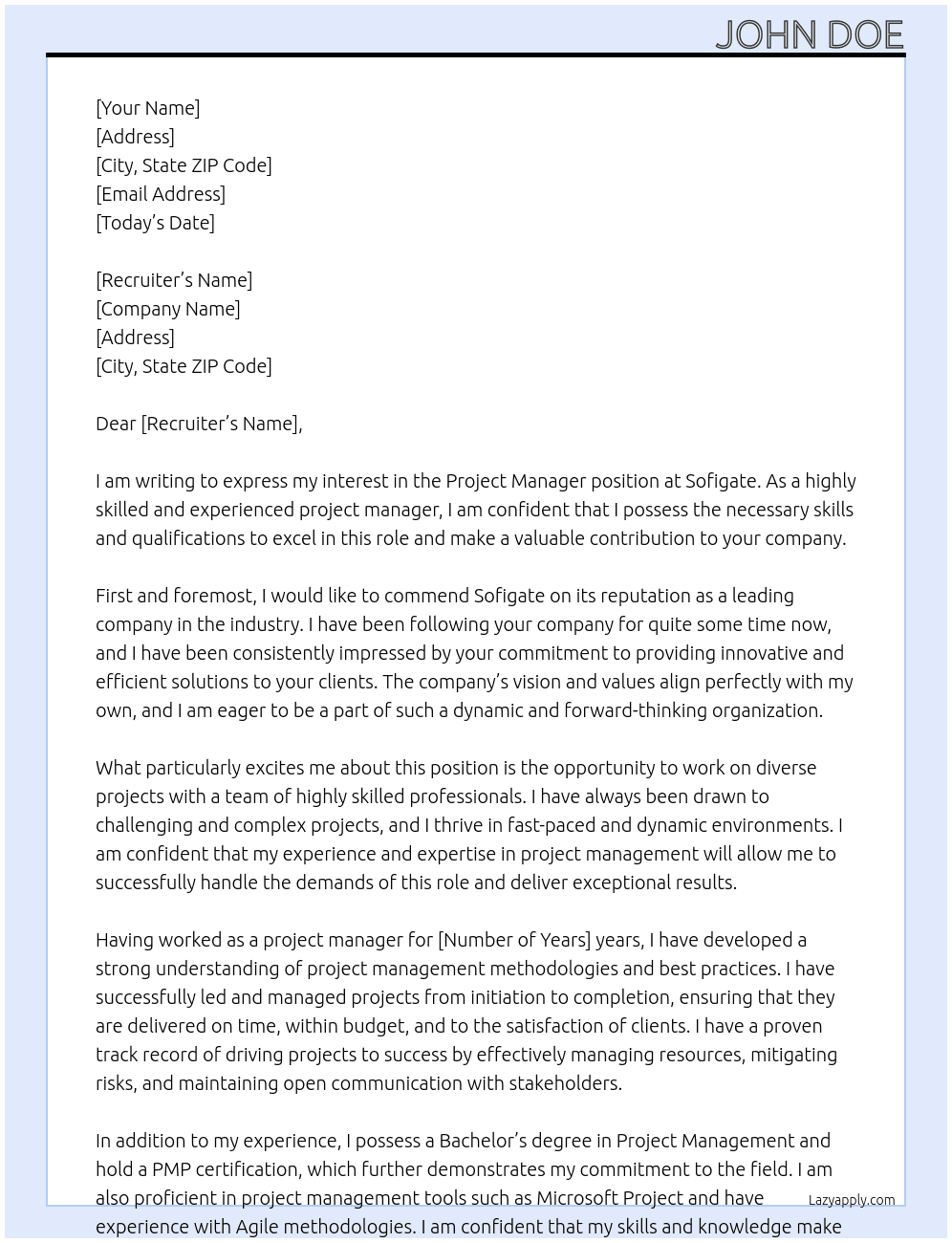 Project manager At Sofigate Cover Letter