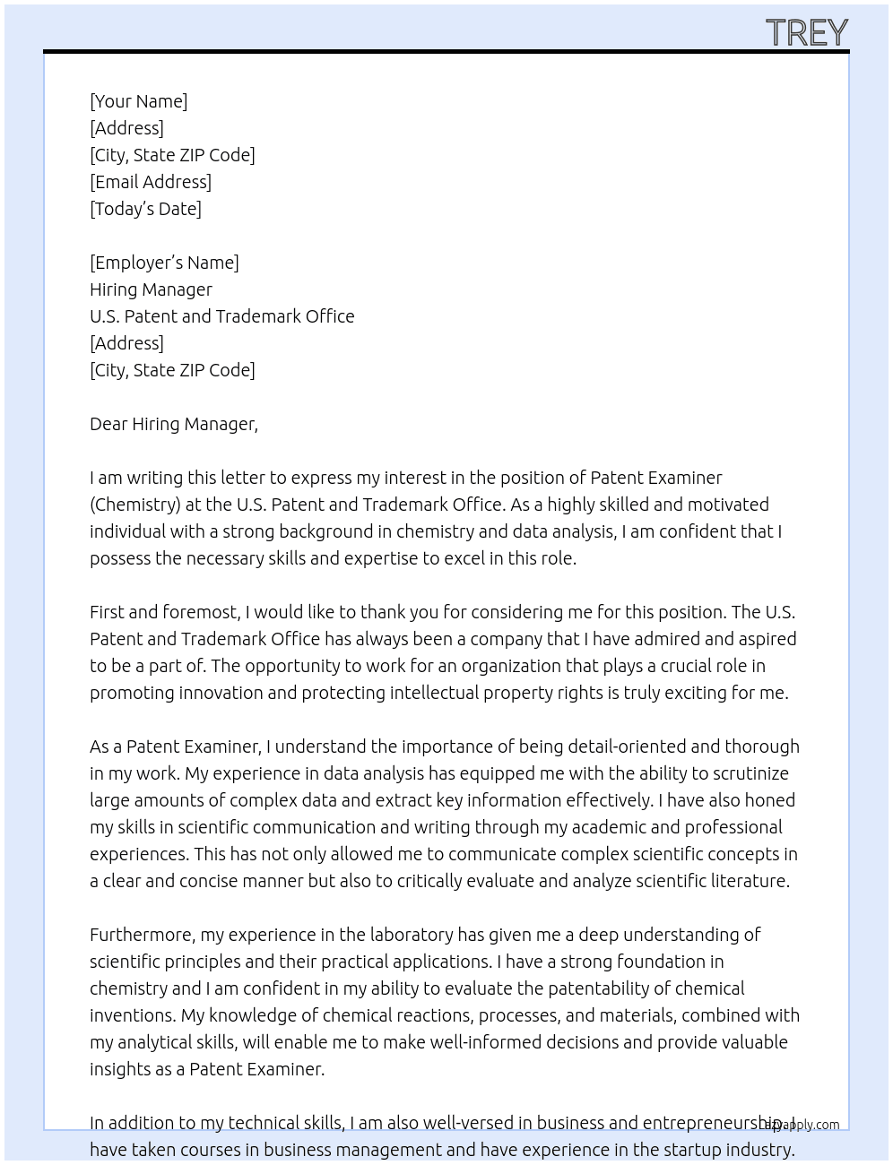 Patent Examiner (Chemistry) At U.S. Patent and Trademark Office Cover Letter