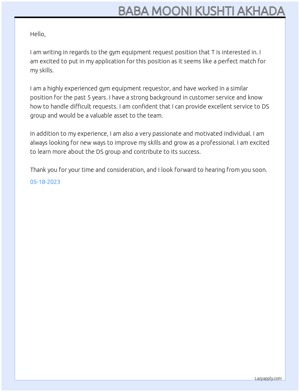 Request for gym equipment  At DS group  Cover Letter