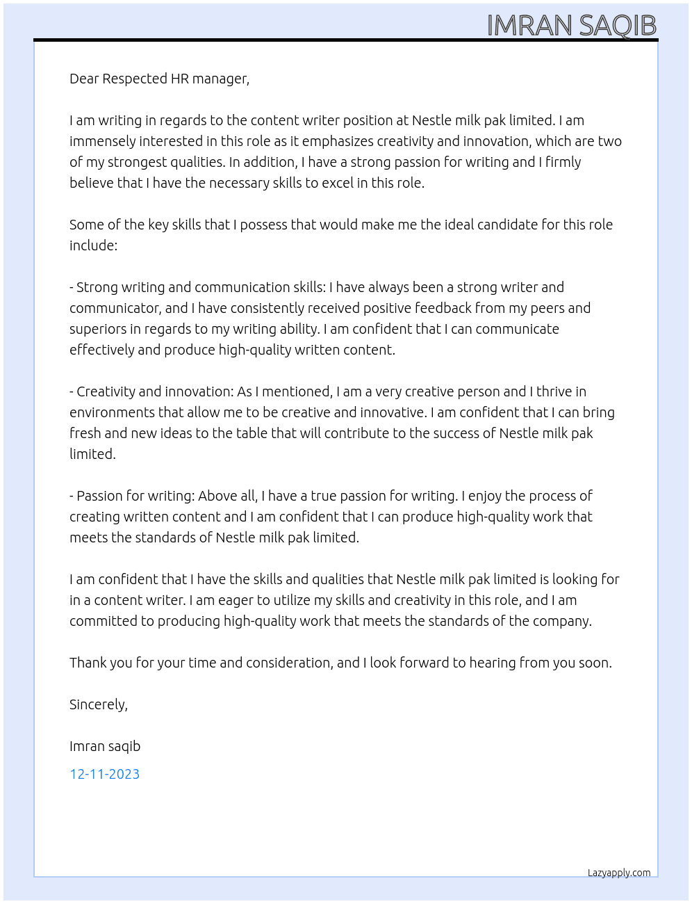  Content writer  At Nestle milk pak limited Cover Letter