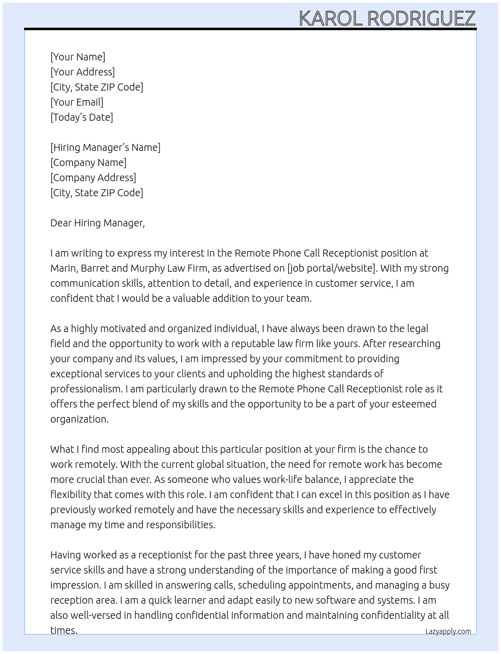 remote phone call receptionist At Marin,Barret and Murphy Law Firm Cover Letter