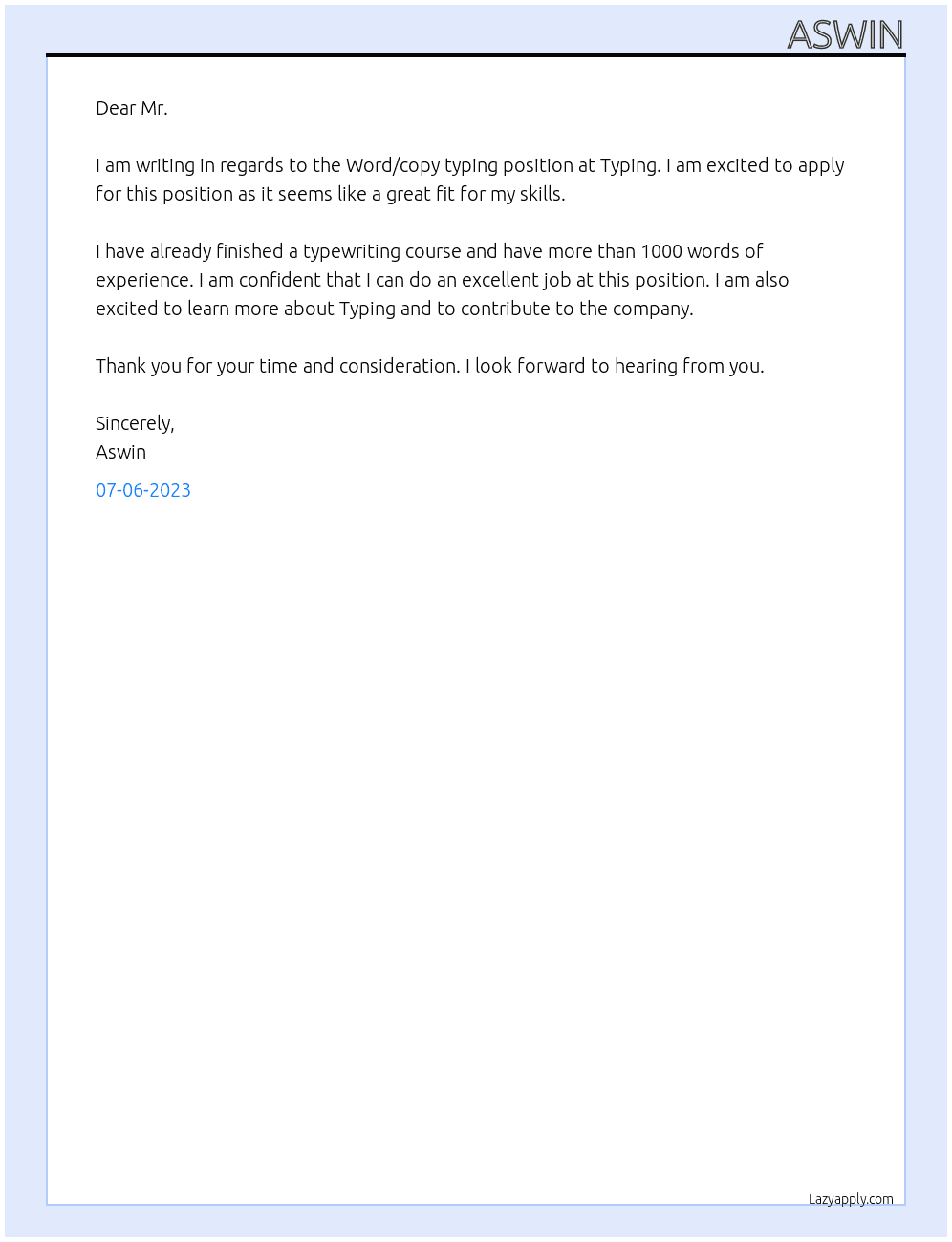Word/copy typing At Typing Cover Letter