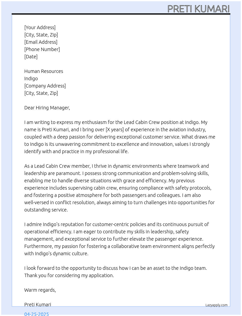 Cover letter for lead cabin crew - LazyApply