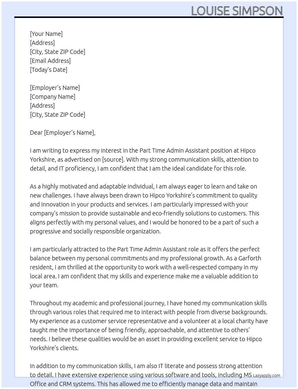 Part Time Admin Assistant At Hipco Yorkshire Cover Letter