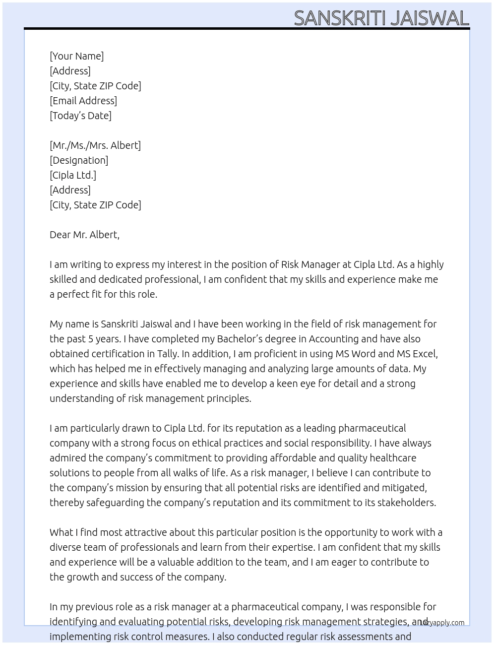 RISK MANAGER At Cipla Ltd.  Cover Letter