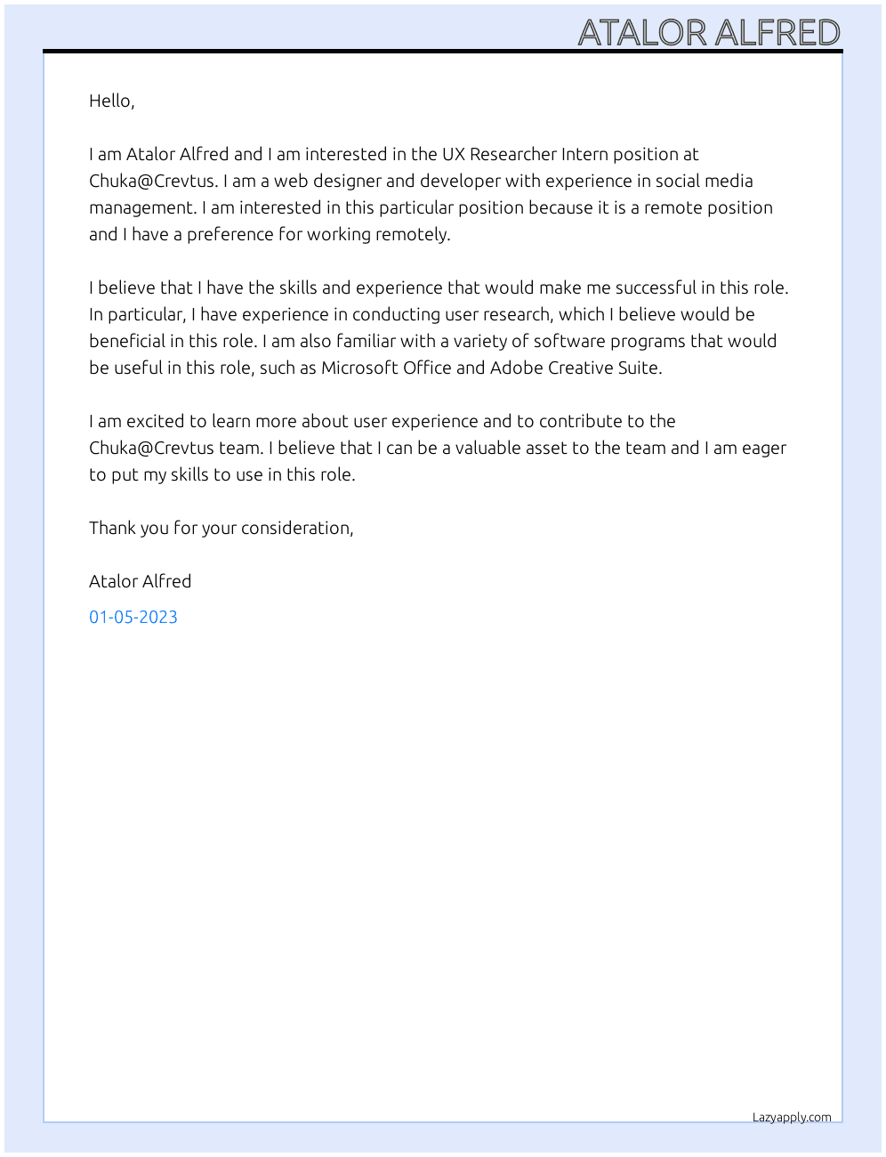 UX Researcher Intern At Chuka@Crevtus Cover Letter