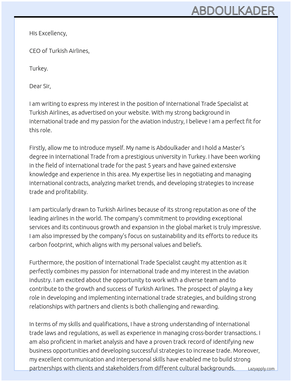 International trade specialist At Turkish airlines  Cover Letter