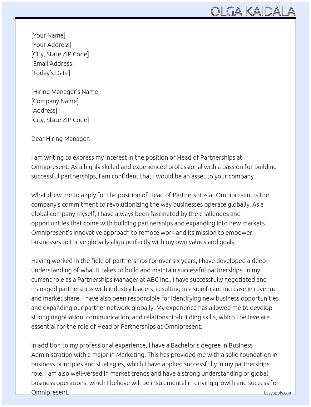 Head of Partnerships At Omnipresent Cover Letter