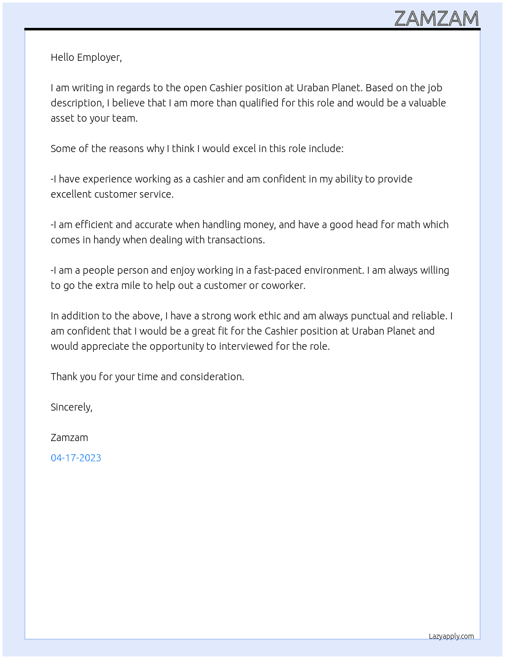 Cashier At Uraban PLanet Cover Letter