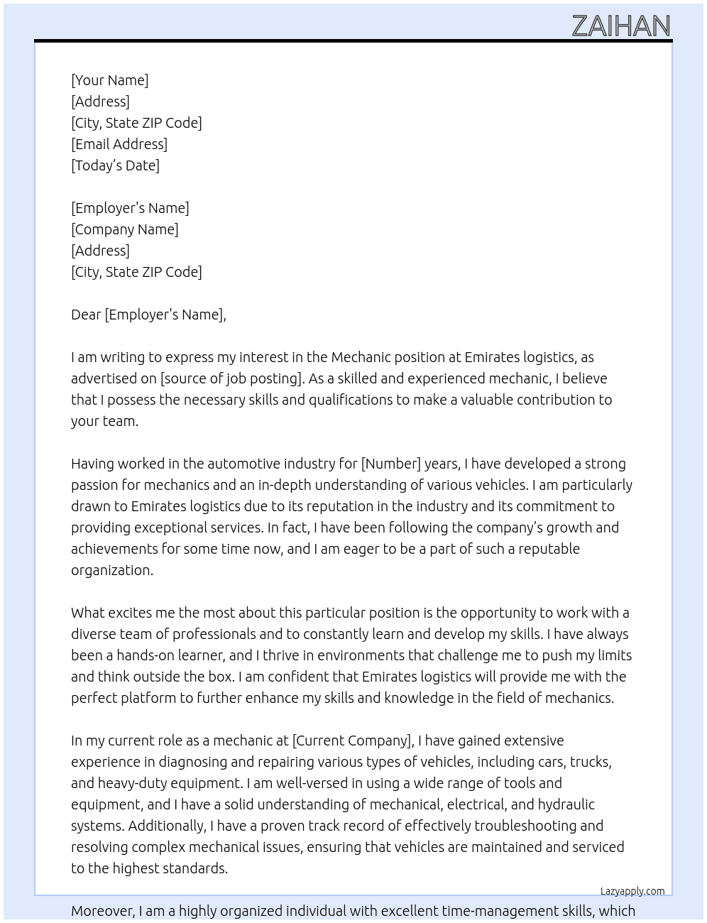 Mechanic At Emirates logistics Cover Letter