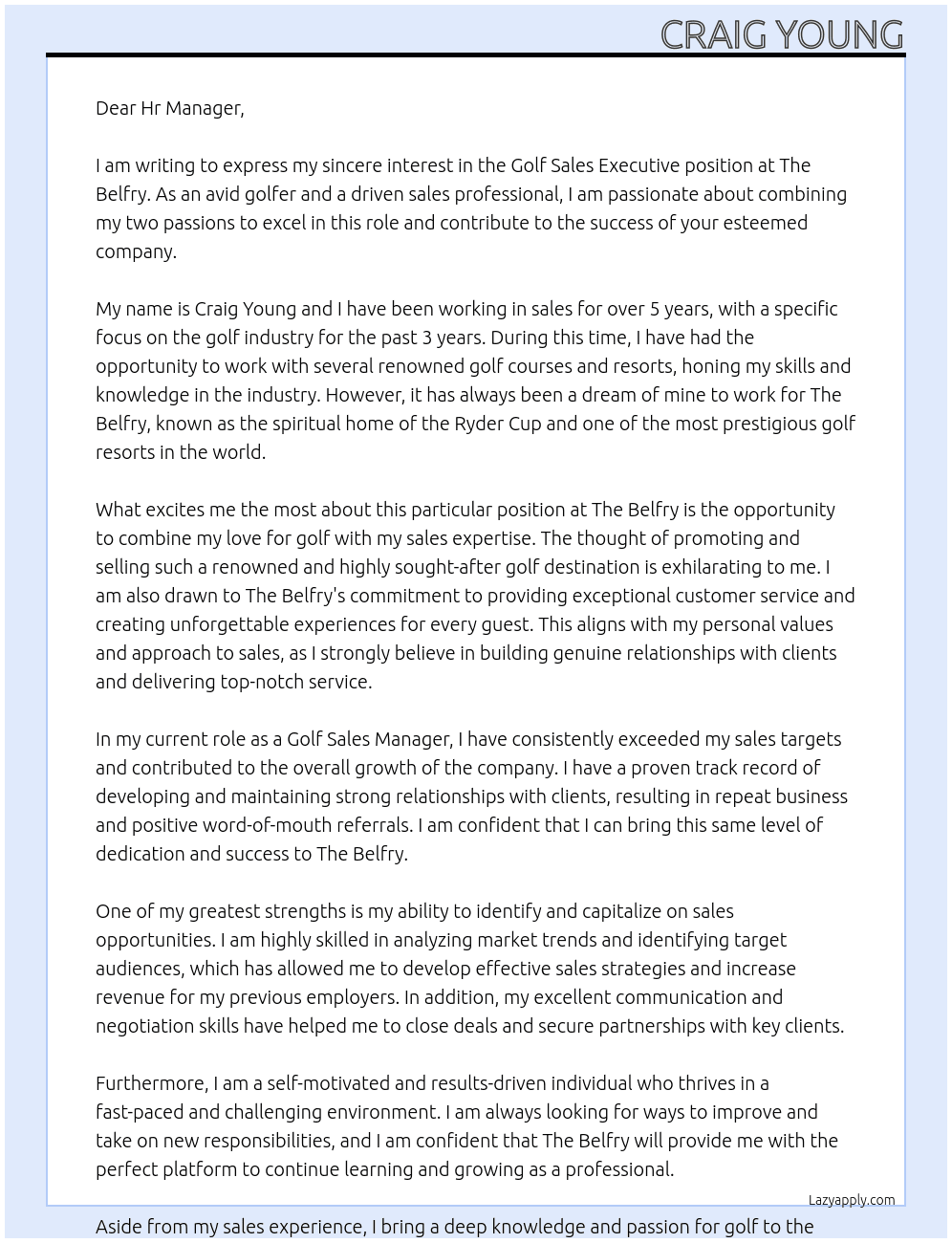 golf sales executive At The Belfry Cover Letter