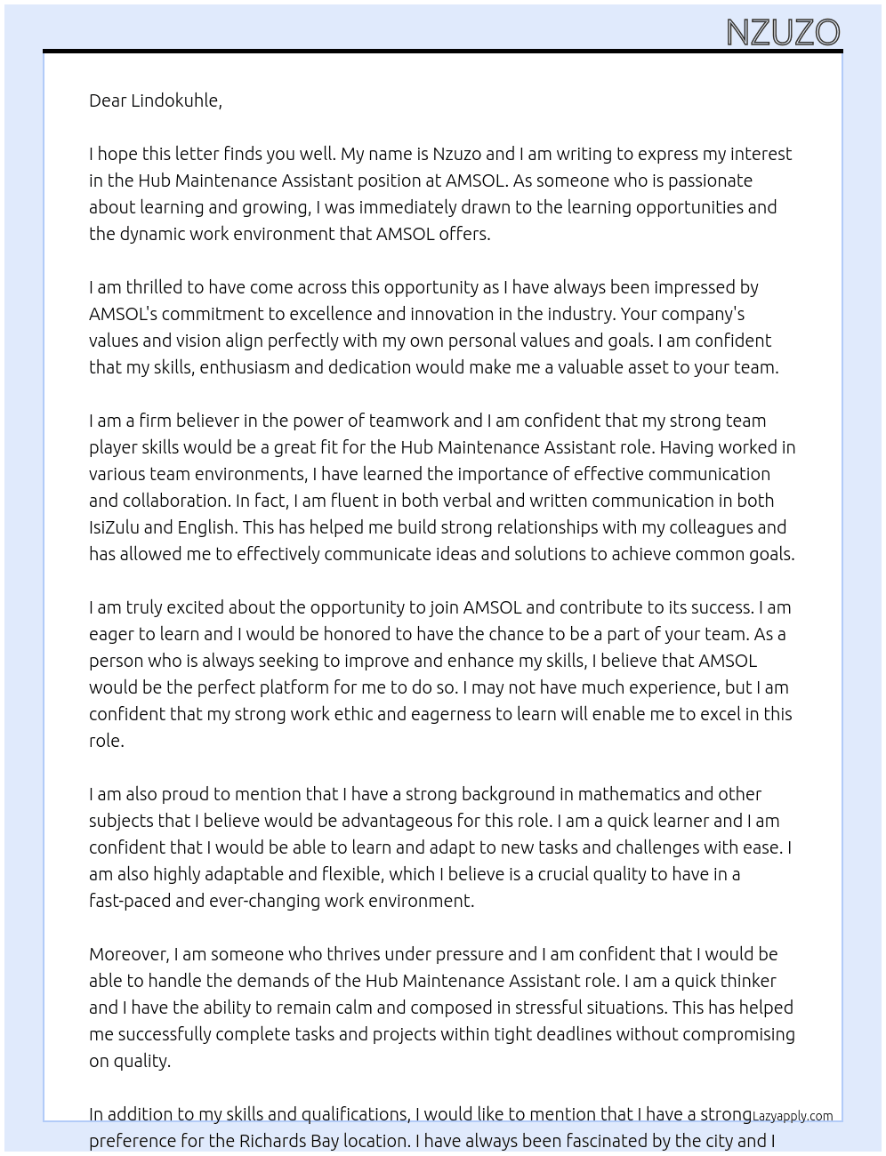 Hub Maintenance assistance  At AMSOL Cover Letter