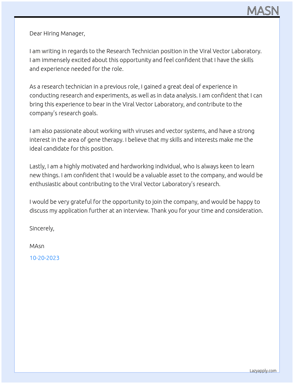 Research Technician in the Viral Vector Laboratory At MYCompanyS Cover Letter