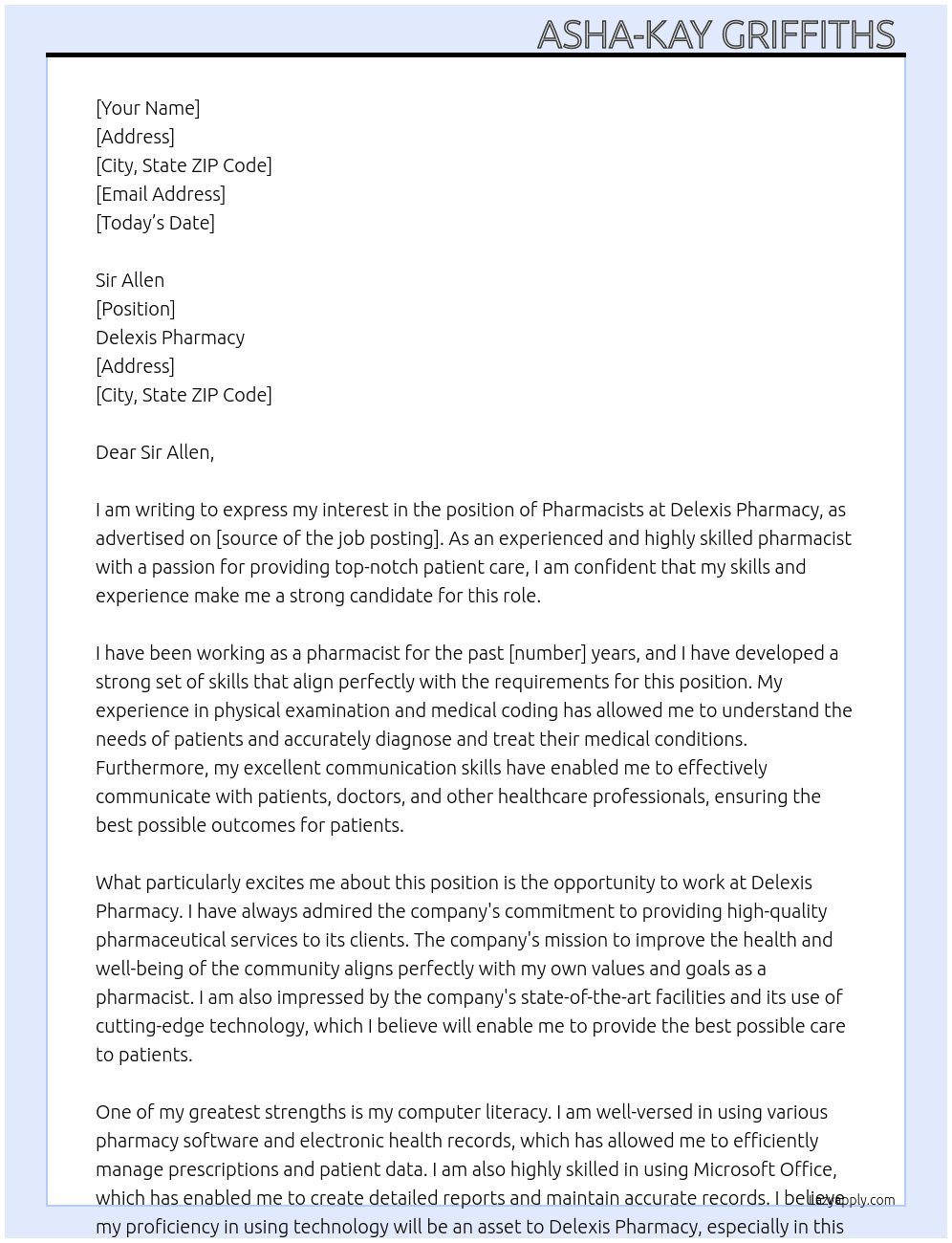 Pharmacists  At Delexis Pharmacy Cover Letter