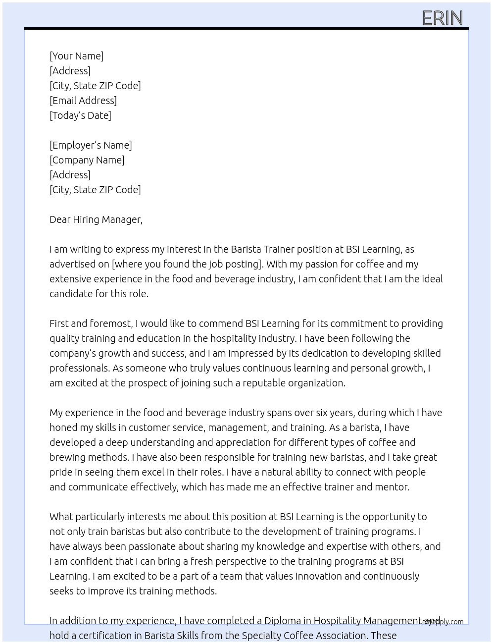 barista trainer  At BSI learning Cover Letter