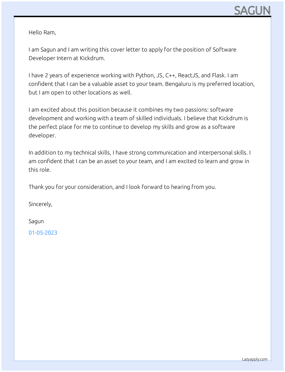 Software Developer Intern At Kickdrum Cover Letter