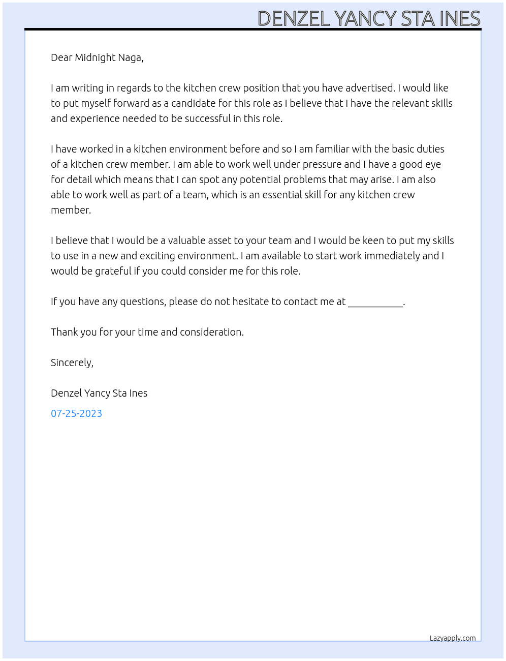 Kitchen Crew At Midnight Naga Cover Letter