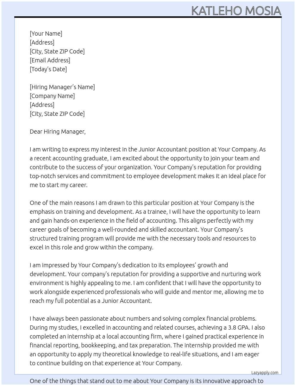 Junior Accountant At Your company Cover Letter