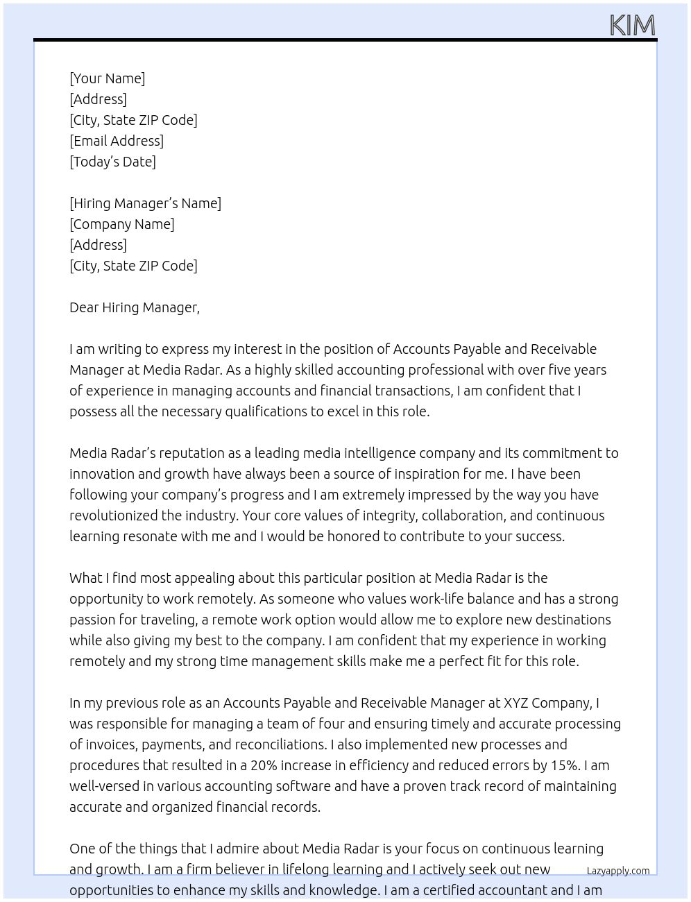 Accounts payable and receivable manager At Media Radar Cover Letter