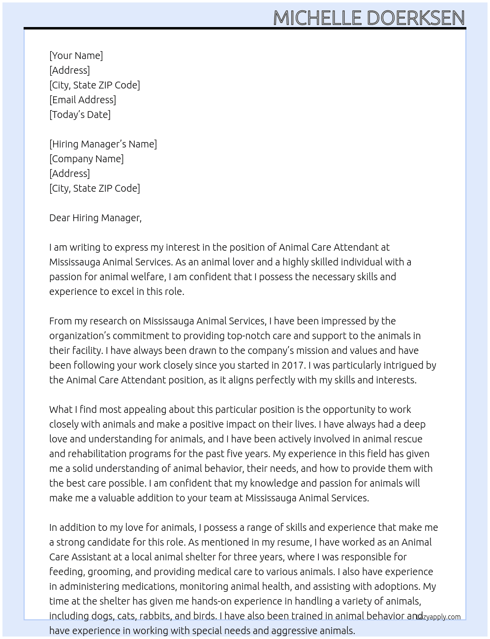 Animal care attendant  At Mississauga Animal Sevices  Cover Letter