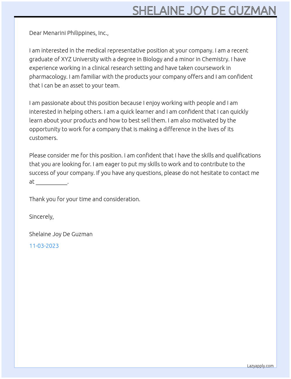 Medical Representative At Menarini Philippines, Inc. Cover Letter